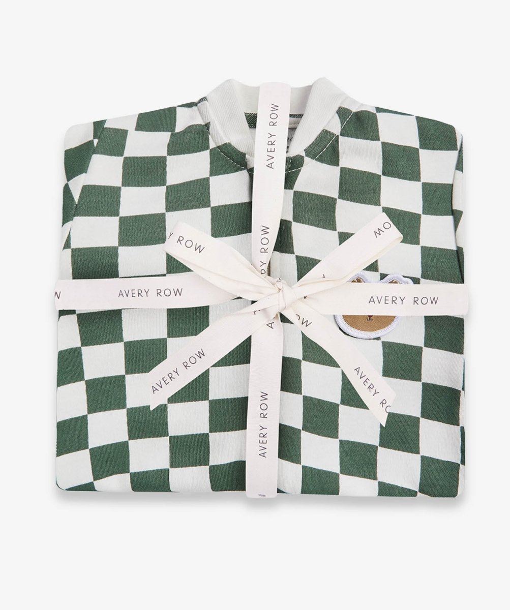 Avery Row Christmas Baby Jersey Sleepsuit - Green Checkerboard – Baby Clothing for children, available at Learning Bugs UK