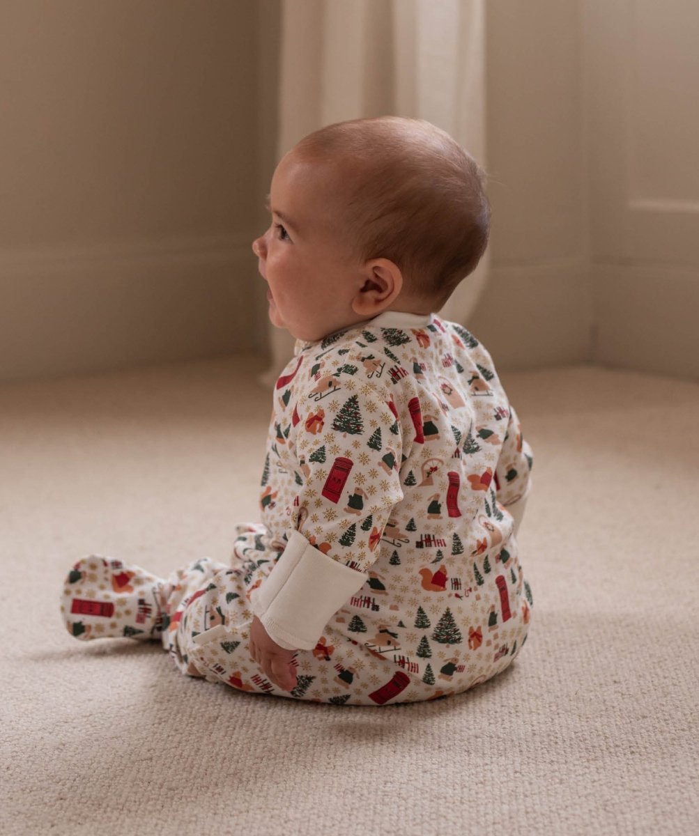 Avery Row Christmas Baby Jersey Sleepsuit - Festive Forest – Baby Clothing for children, available at Learning Bugs UK