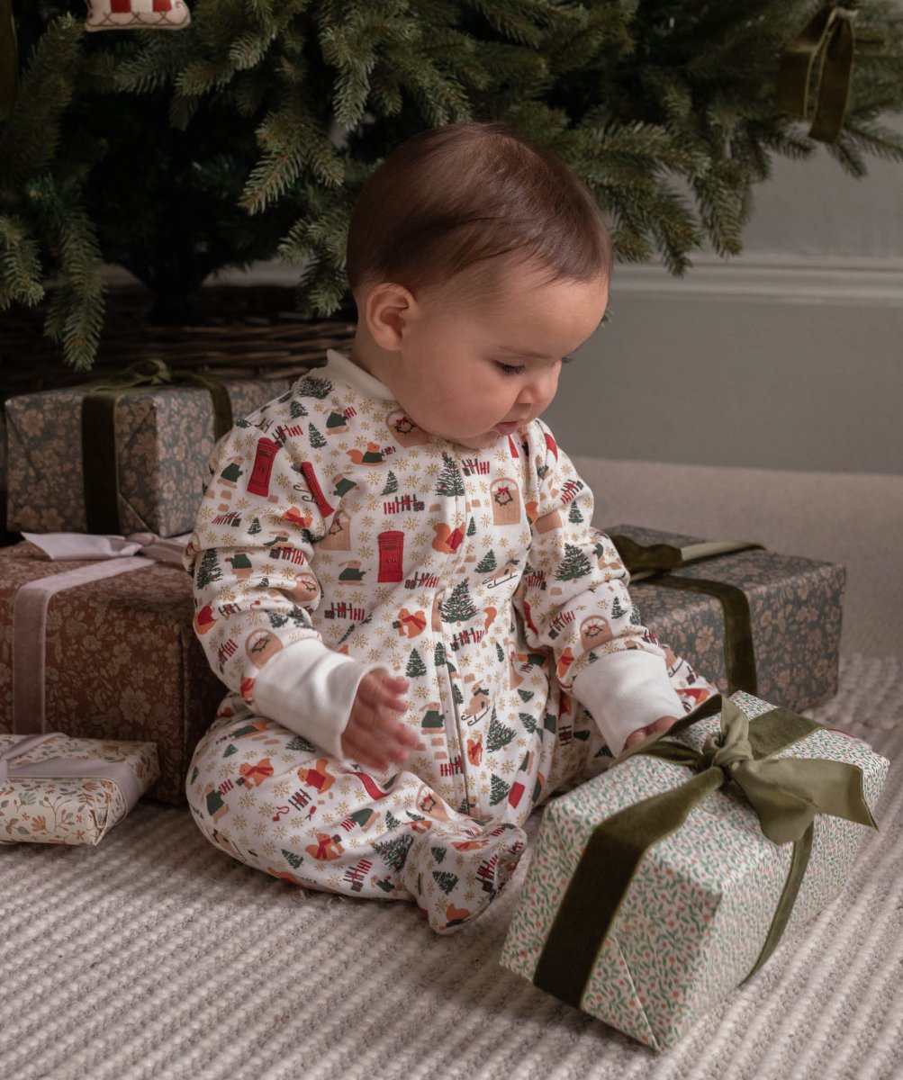 Avery Row Christmas Baby Jersey Sleepsuit - Festive Forest – Baby Clothing for children, available at Learning Bugs UK