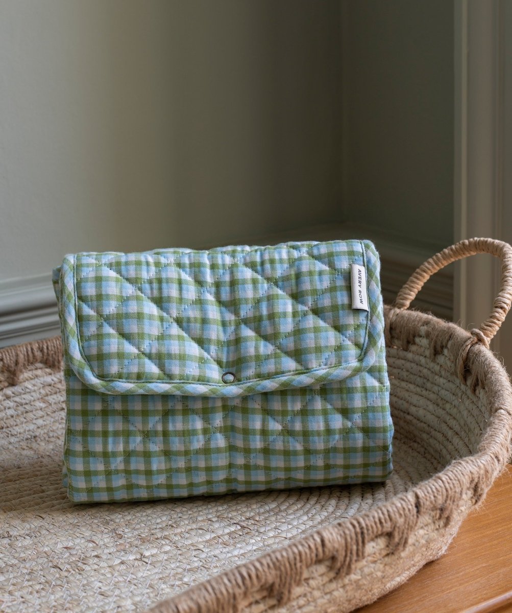 Cotton Travel Baby Changing Mat - Greenhouse Gingham – Changing Bags & Travel Changing Mats for children, available at Learning Bugs UK