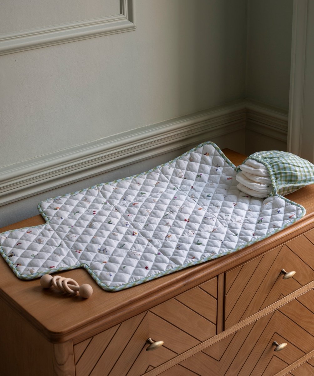 Cotton Travel Baby Changing Mat - Greenhouse Gingham – Changing Bags & Travel Changing Mats for children, available at Learning Bugs UK