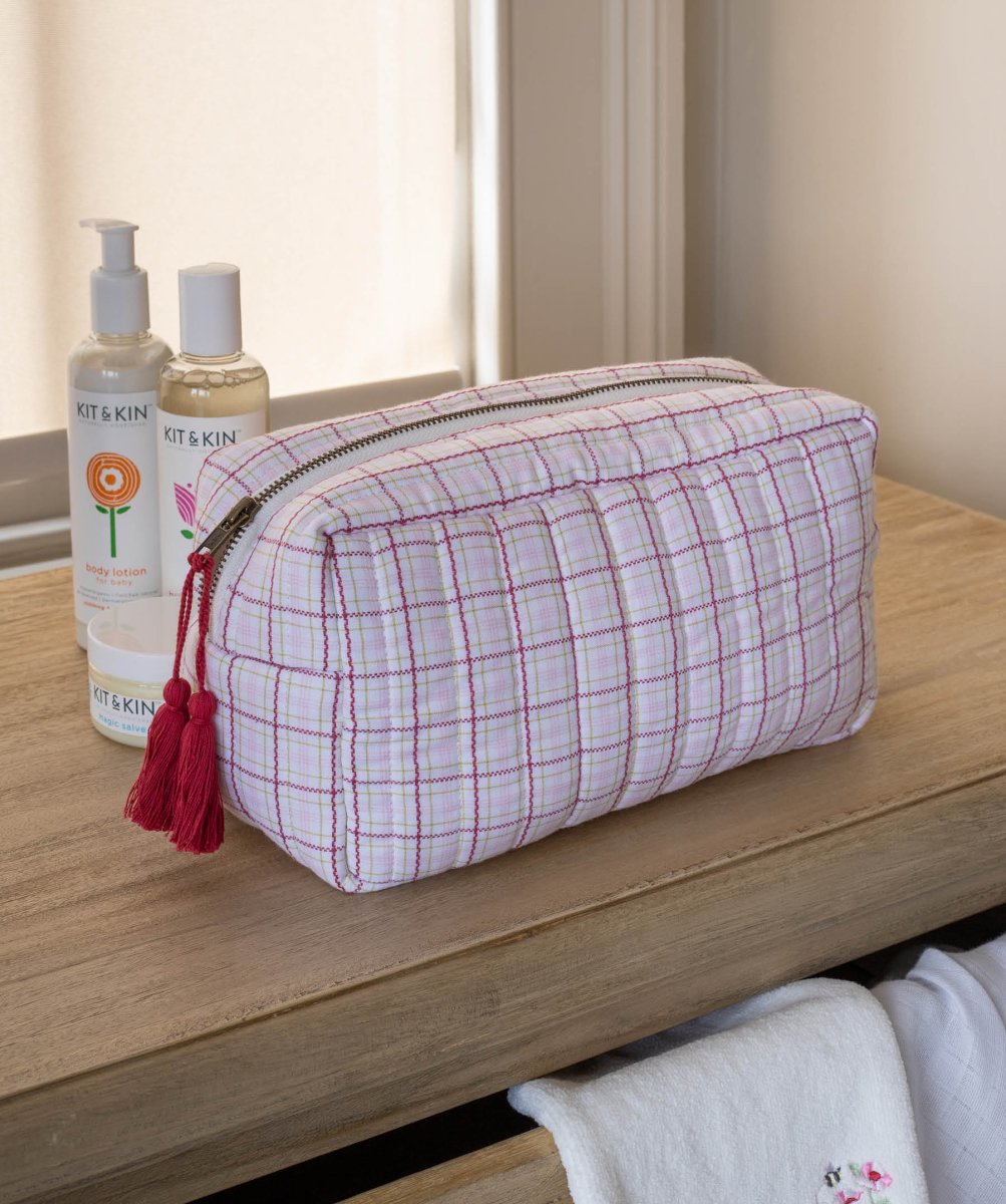 Wash bag - Pink Check – Parent Accessories for children, available at Learning Bugs UK