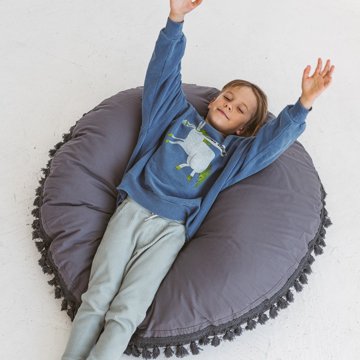 MINICAMP Large Floor Cushion with Tassels in Grey – Floor Pillows for children, available at Learning Bugs UK