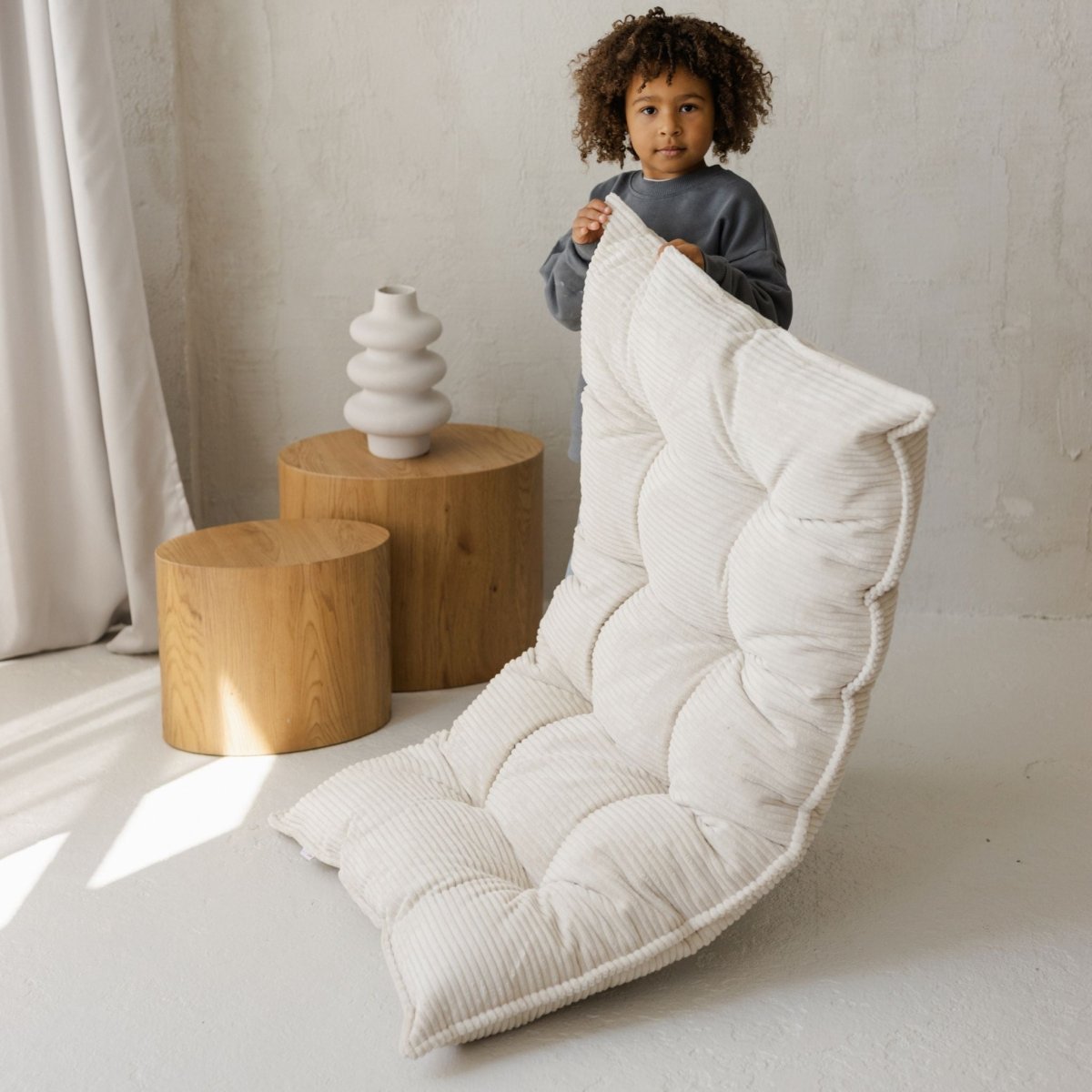 MINICAMP Tufted Corduroy Floor Cushion, French Style Pillow in Ecru – Kids Room Decor for children, available at Learning Bugs UK