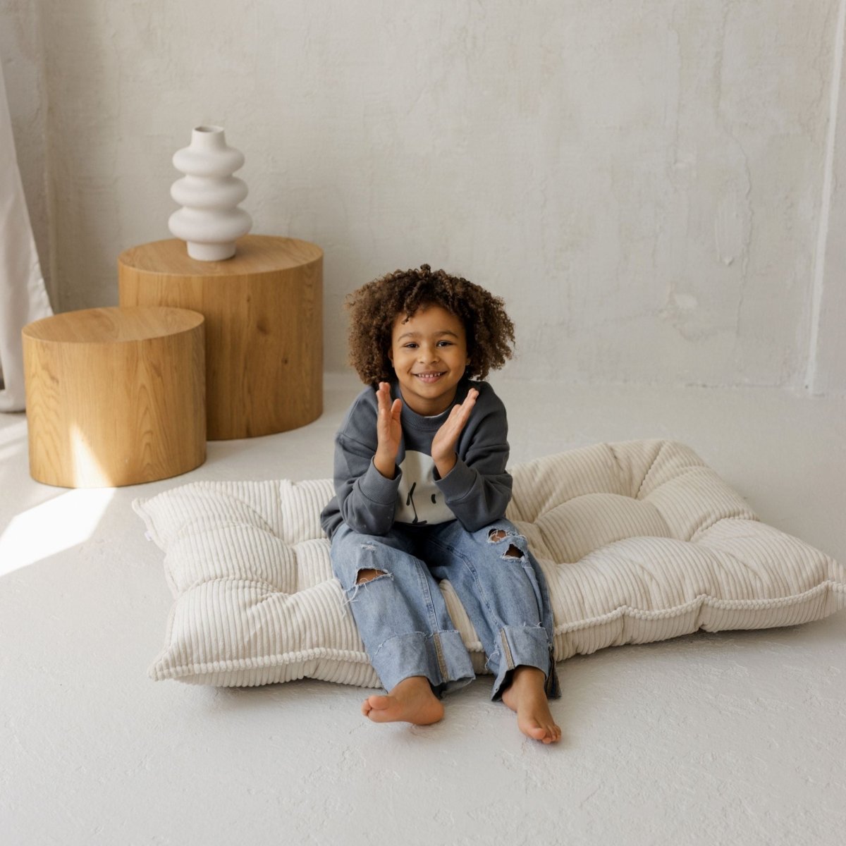 MINICAMP Tufted Corduroy Floor Cushion, French Style Pillow in Ecru – Kids Room Decor for children, available at Learning Bugs UK