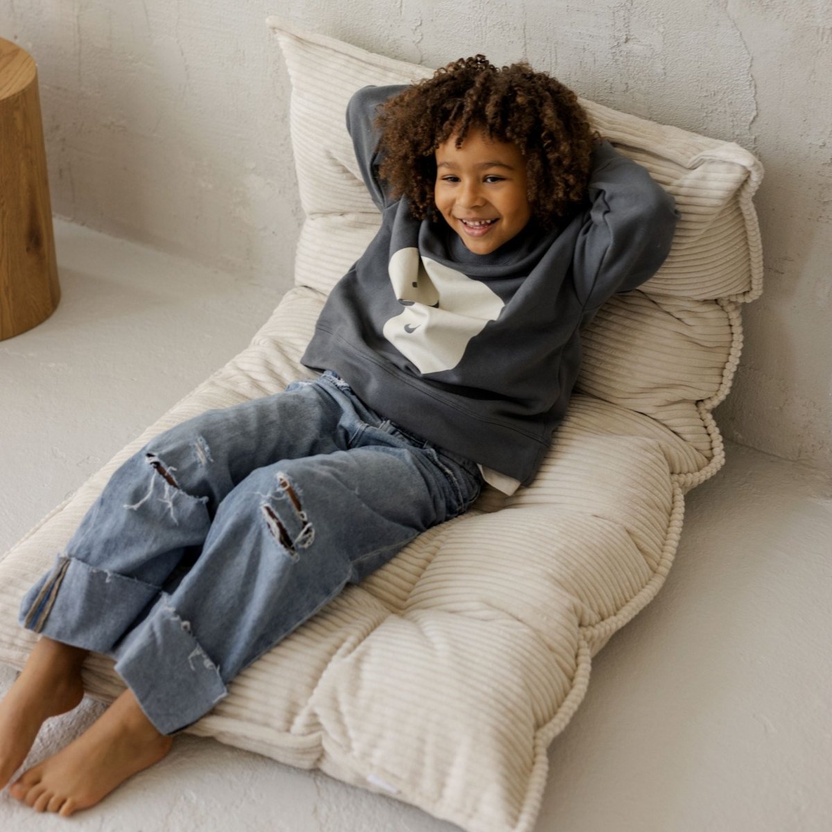 MINICAMP Tufted Corduroy Floor Cushion, French Style Pillow in Ecru – Kids Room Decor for children, available at Learning Bugs UK