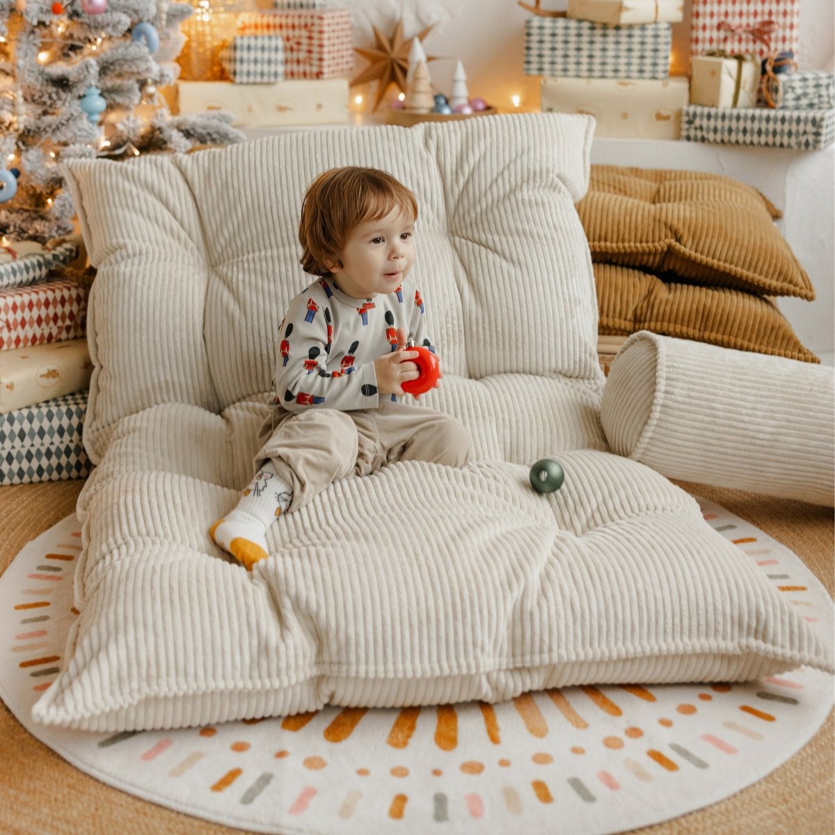 MINICAMP Tufted Corduroy Floor Cushion, French Style Pillow in Ecru – Kids Room Decor for children, available at Learning Bugs UK