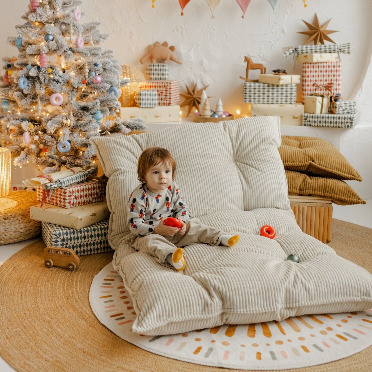 MINICAMP Tufted Corduroy Floor Cushion, French Style Pillow in Ecru – Kids Room Decor for children, available at Learning Bugs UK