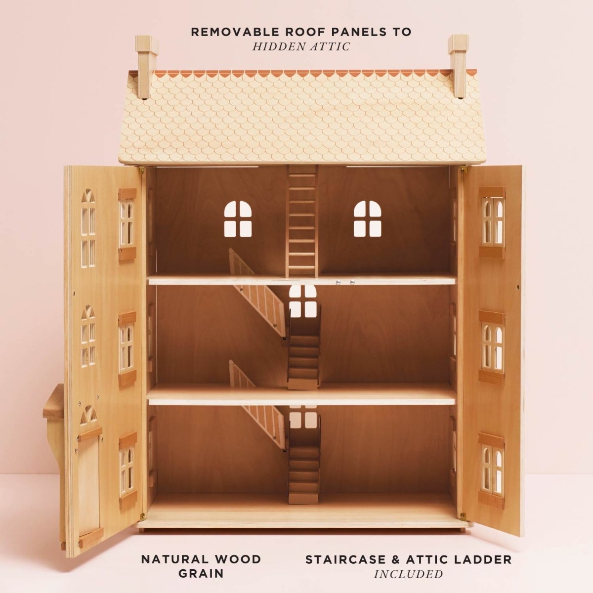 The Grand Natural Wood Dolls House – Dollhouses for children, available at Learning Bugs UK