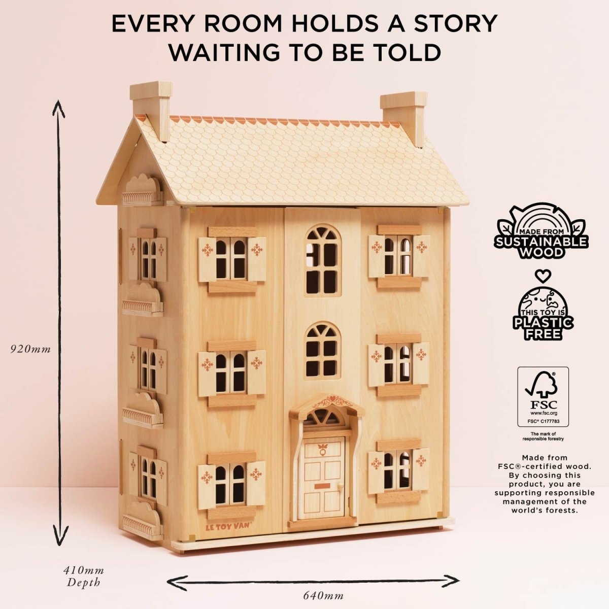 The Grand Natural Wood Dolls House – Dollhouses for children, available at Learning Bugs UK