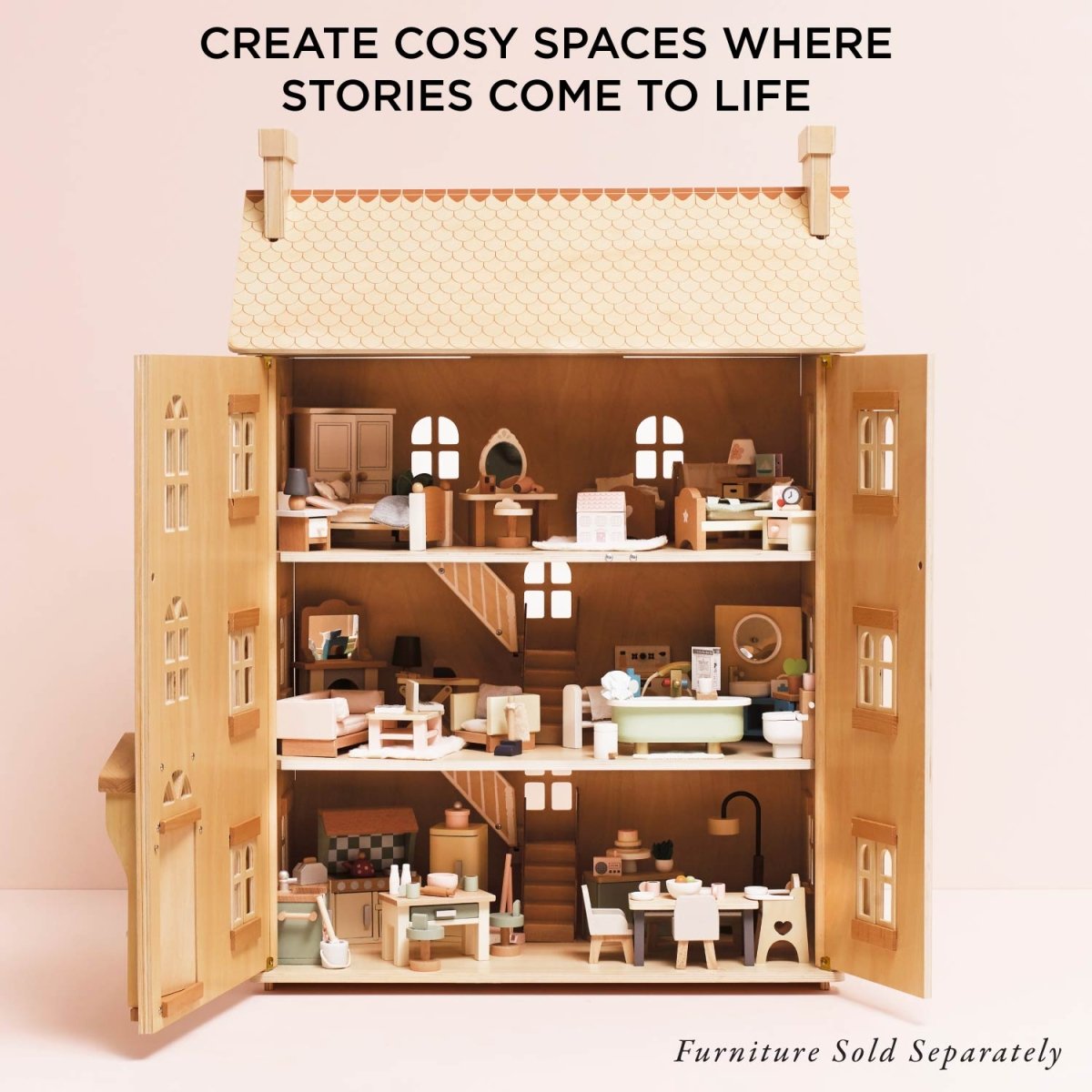 The Grand Natural Wood Dolls House – Dollhouses for children, available at Learning Bugs UK