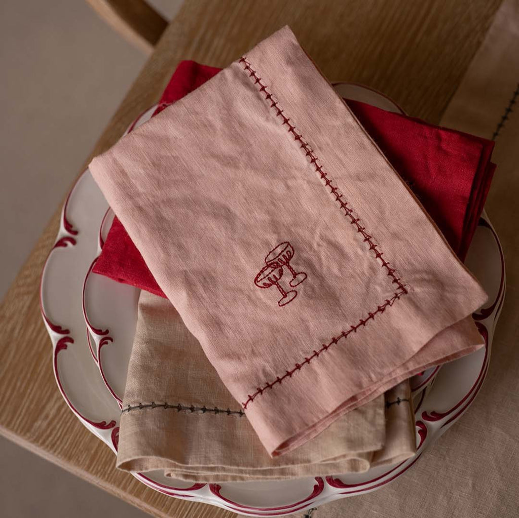 Embroidered Linen Napkins, Set of 4 - Plaster Pink