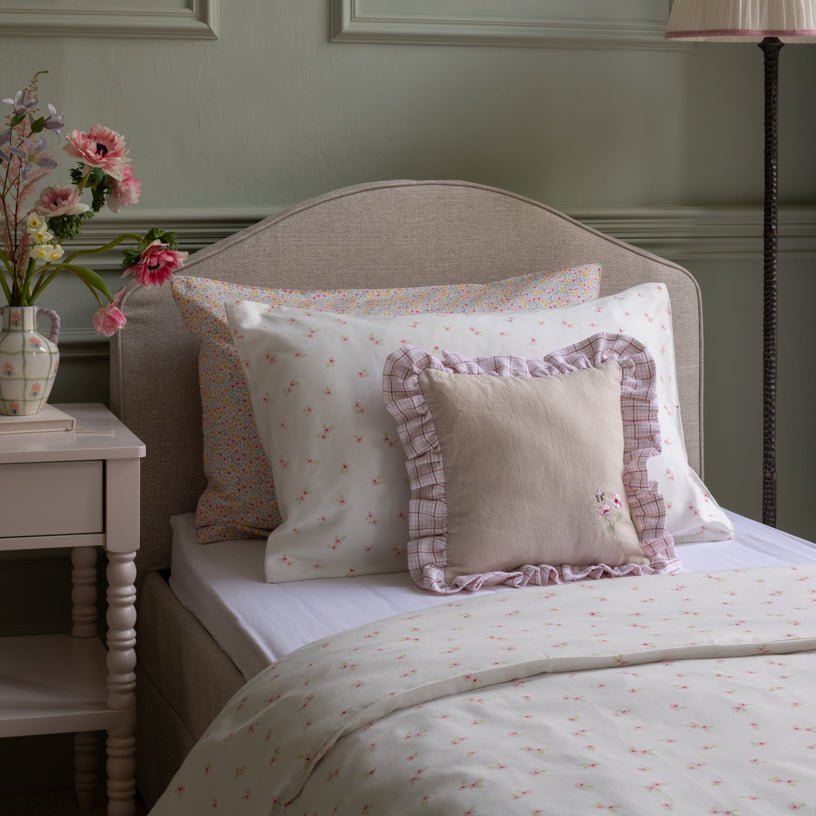 Buy Square Linen Frill Cushion - Pink Check | for kids by Learning Bugs UK