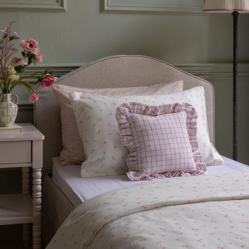 Buy Square Linen Frill Cushion - Pink Check | for kids by Learning Bugs UK