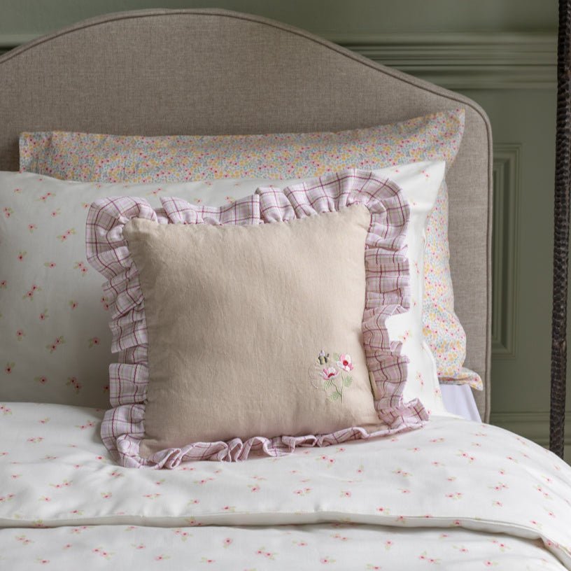 Buy Square Linen Frill Cushion - Pink Check | for kids by Learning Bugs UK