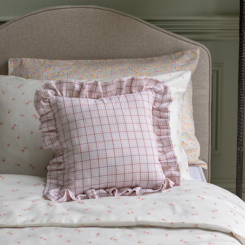Square Linen Frill Cushion - Pink Check