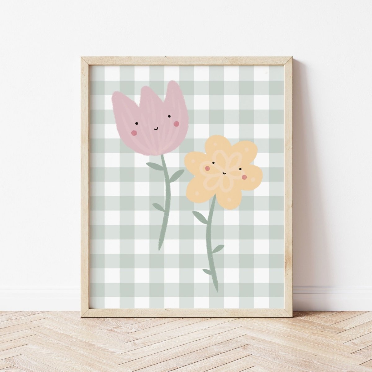 Happy Flowers Print - Green Gingham – for children, available at Learning Bugs UK