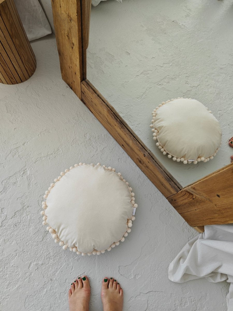 MINICAMP Throw Pillow in Ecru with Pompom trim – Decorative Pillows for children, available at Learning Bugs UK