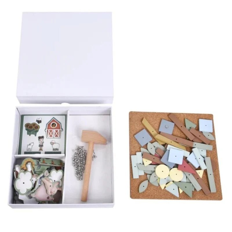 Children's craft kit with wooden tools and materials on a white background