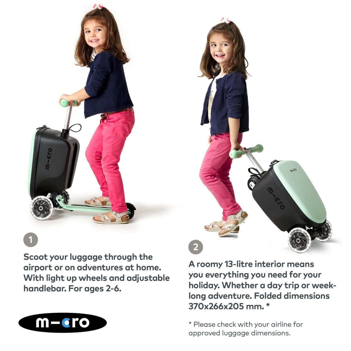 Micro Scooters Mini Micro LED Luggage – Suitcase Scooters for children, available at Learning Bugs UK