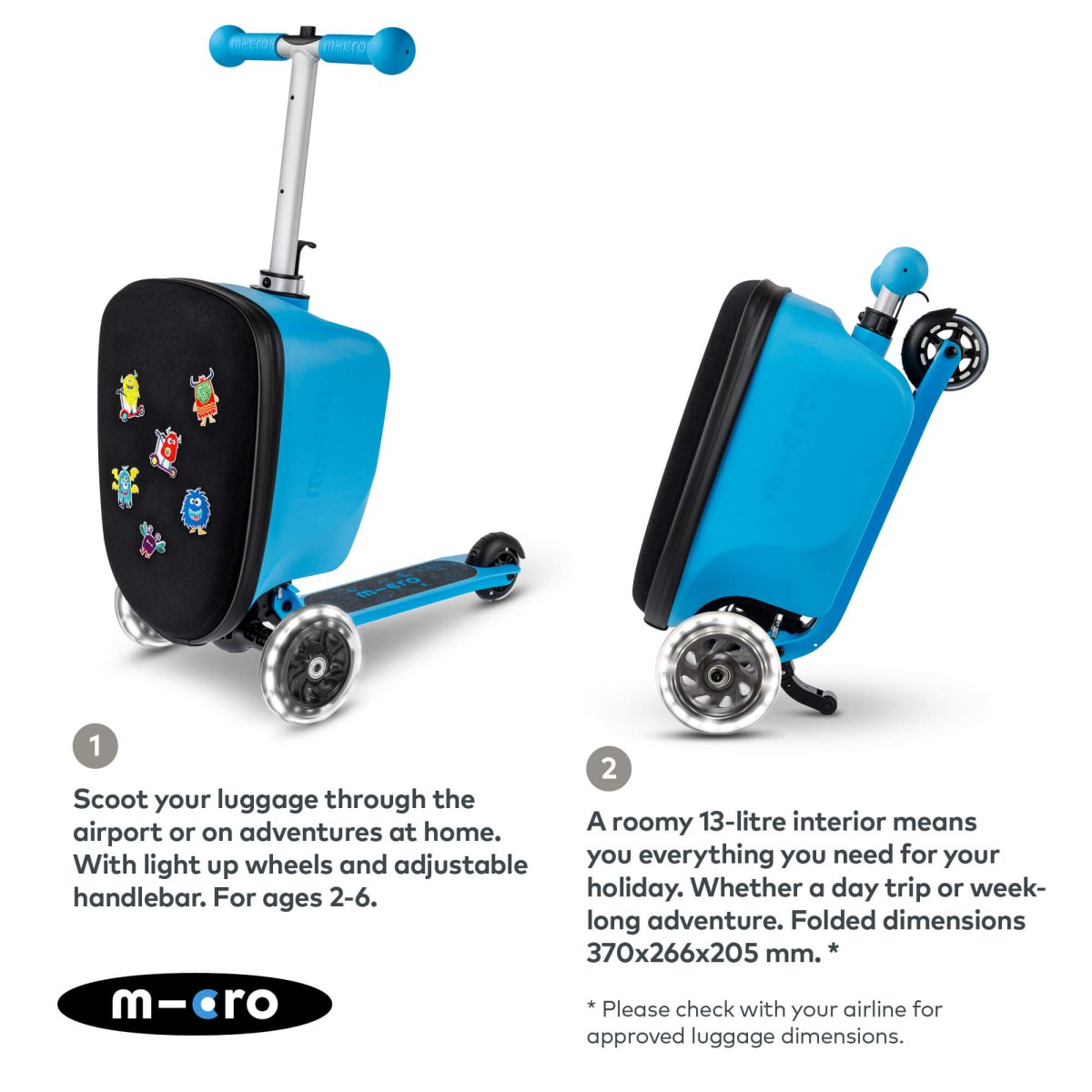 Micro Scooters Mini Micro LED Luggage – Suitcase Scooters for children, available at Learning Bugs UK