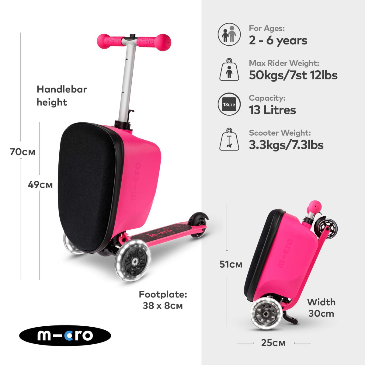 Micro Scooters Mini Micro LED Luggage – Suitcase Scooters for children, available at Learning Bugs UK