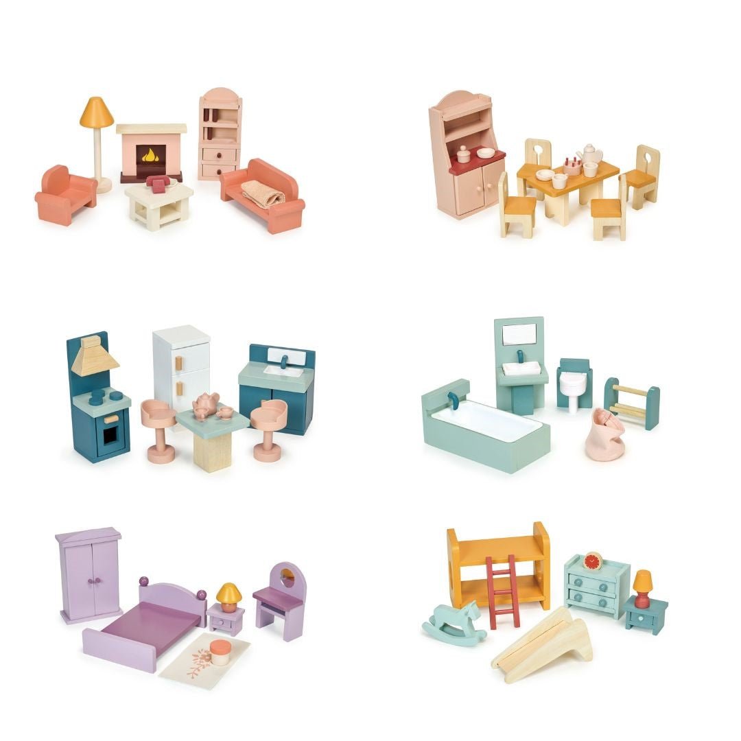 Buy Mentari Dolls House Furniture Bundle Set of 6 (MT7621 Sittingroom, MT7622 Dining Room, MT7623 Kitchen, MT7624 Bathroom, MT7625 Bedroom, MT7626 Playroom) | Wooden dolls house furniture bundle for kids by Learning Bugs UK