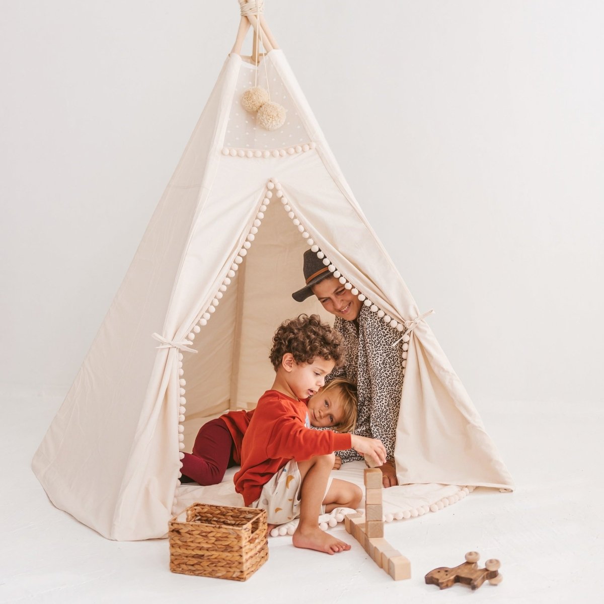 MINICAMP Extra Large Kids Teepee Tent with Pom Pom Decor – XL Teepees for children, available at Learning Bugs UK