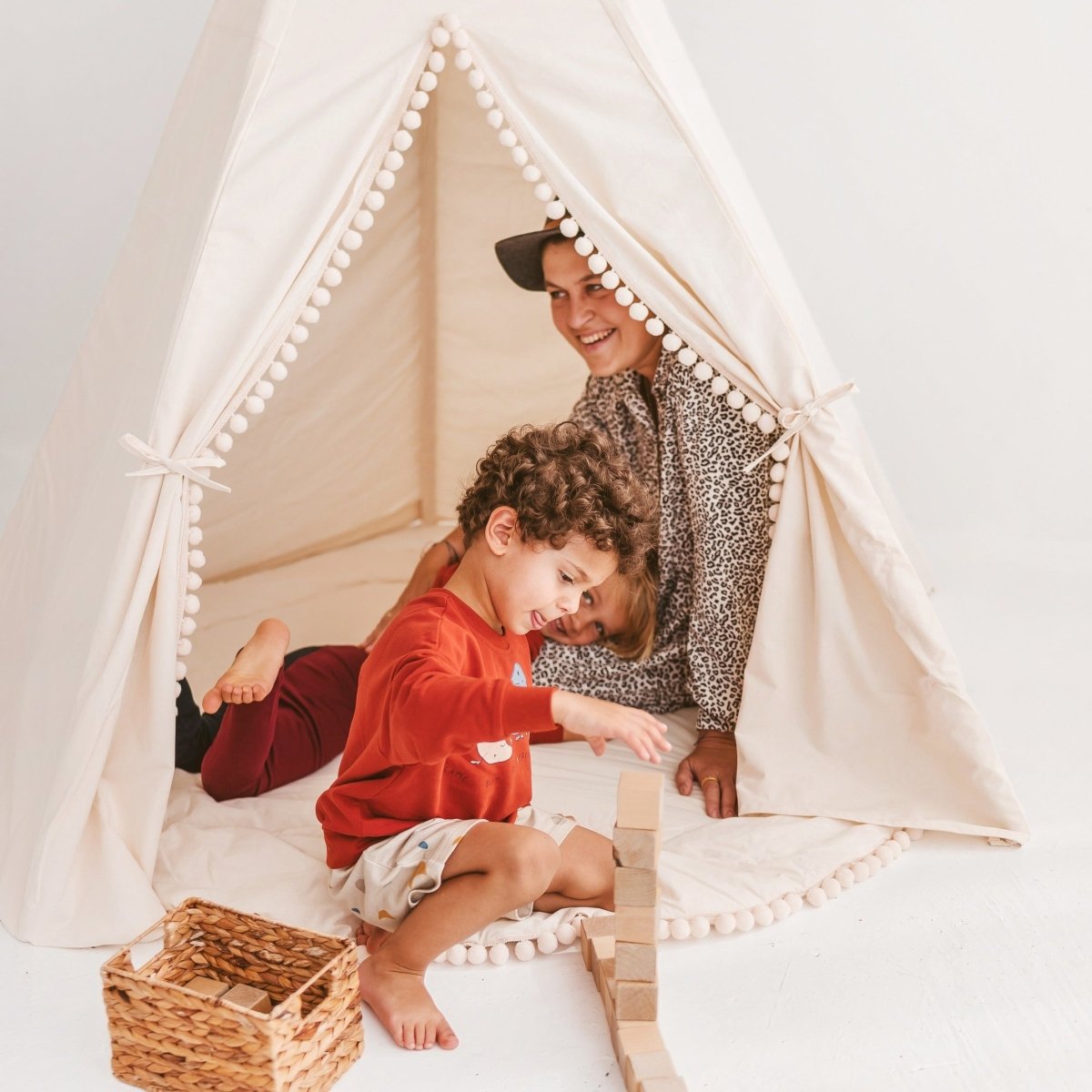 MINICAMP Extra Large Kids Teepee Tent with Pom Pom Decor – XL Teepees for children, available at Learning Bugs UK