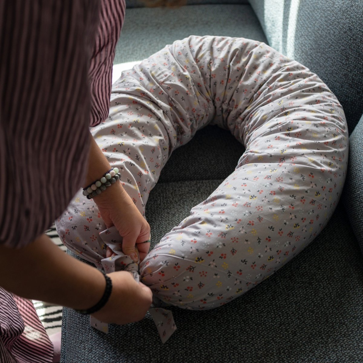 MINICAMP C-Shape Nursing & Pregnancy Pillow with Organic Grey Cover | Kapok & Latex Blend or PES Filling – Nursing Pillows for children, available at Learning Bugs UK