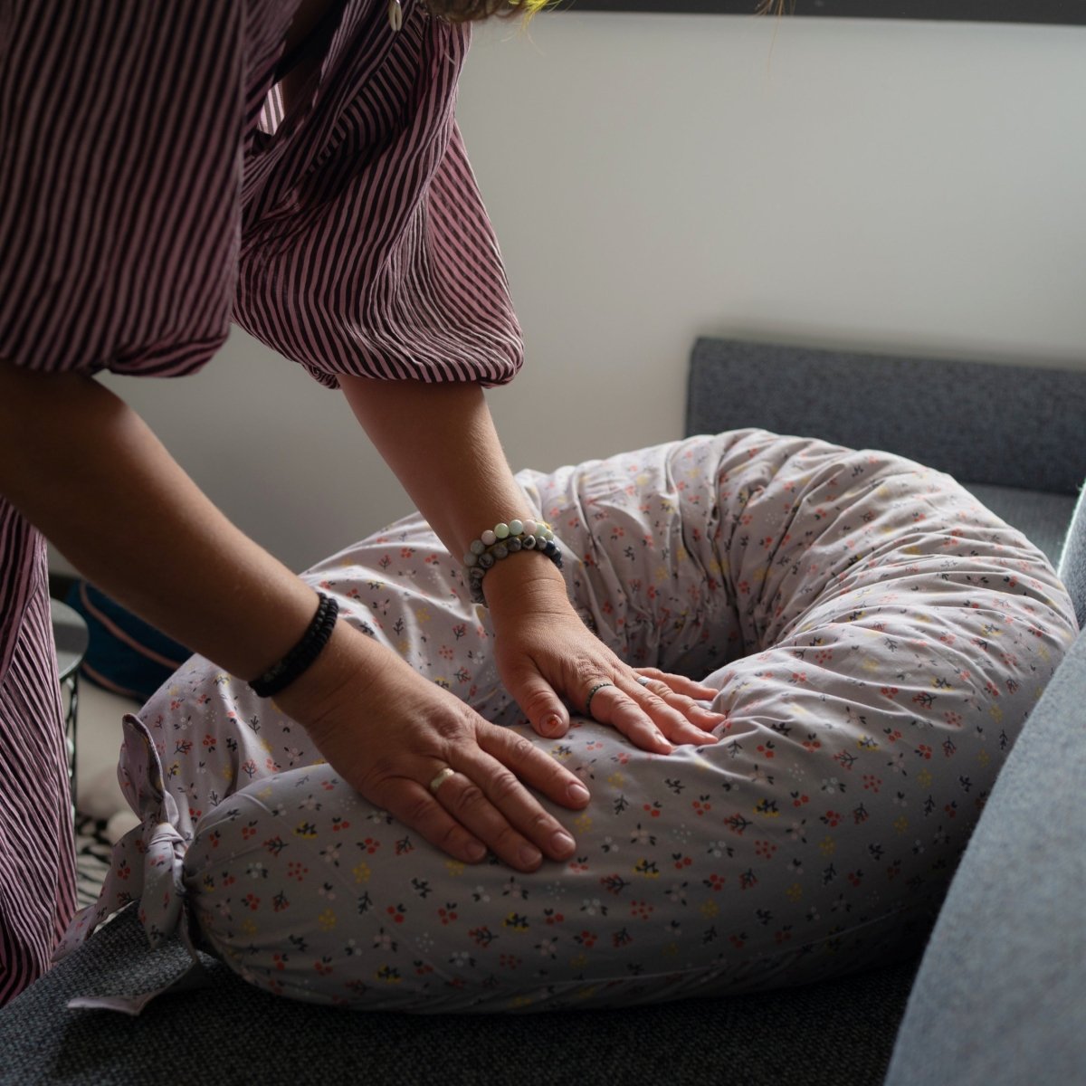 MINICAMP C-Shape Nursing & Pregnancy Pillow with Organic Grey Cover | Kapok & Latex Blend or PES Filling – Nursing Pillows for children, available at Learning Bugs UK