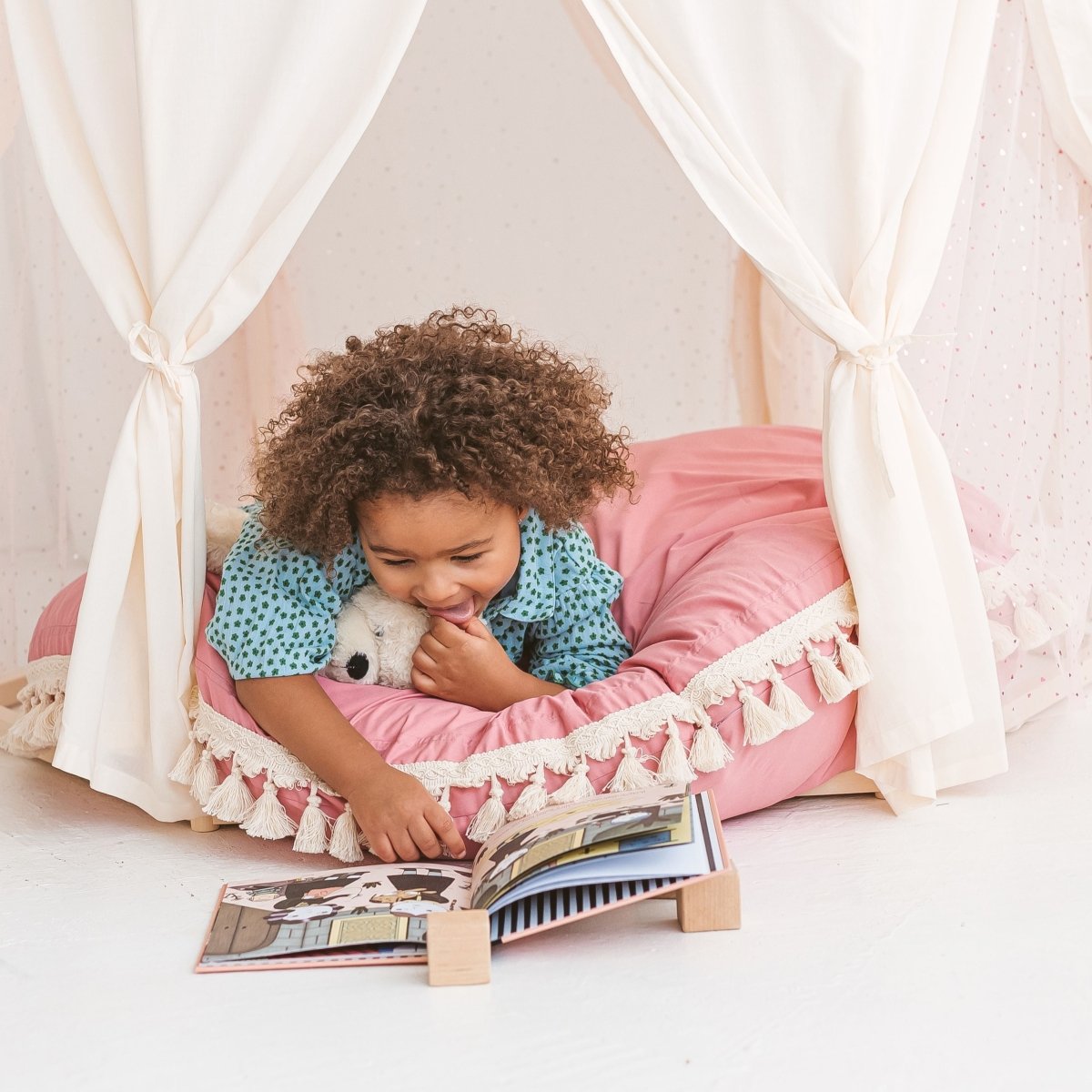 MINICAMP Large Floor Cushion with Tassels in Rose – Floor Pillows for children, available at Learning Bugs UK
