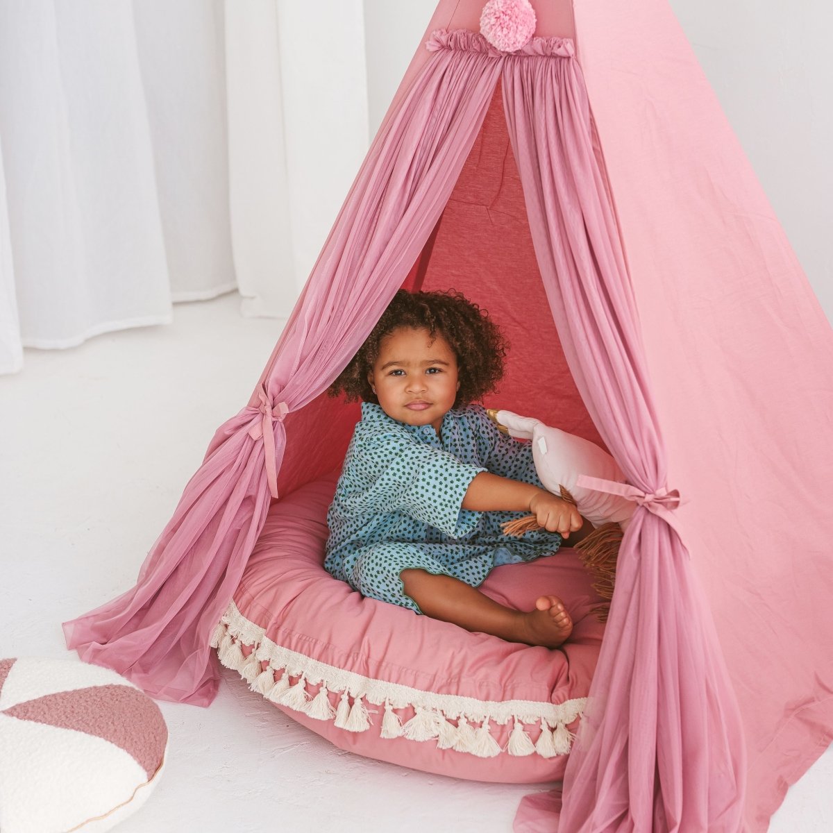 MINICAMP Large Floor Cushion with Tassels in Rose – Floor Pillows for children, available at Learning Bugs UK
