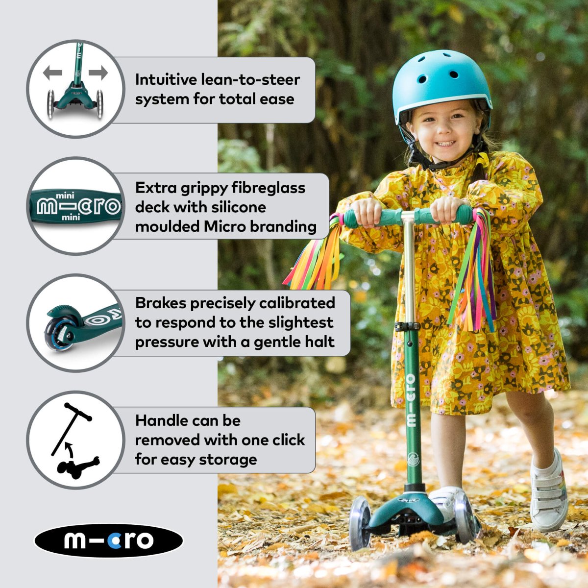 Mini Micro Scooter Deluxe ECO LED - Green – for children, available at Learning Bugs UK