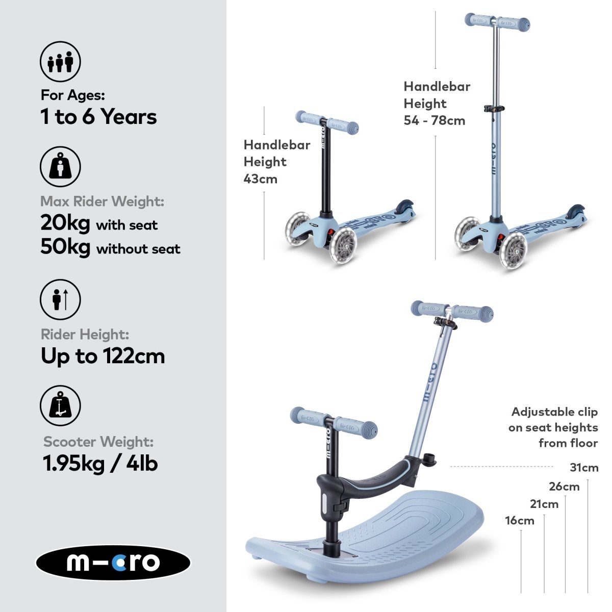 Mini Micro 6-in-1 Rock & Go Scooter – for children, available at Learning Bugs UK