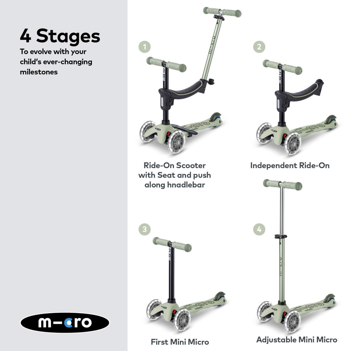 Mini Micro 4-in-1 Mini 2 Grow Scooter – for children, available at Learning Bugs UK