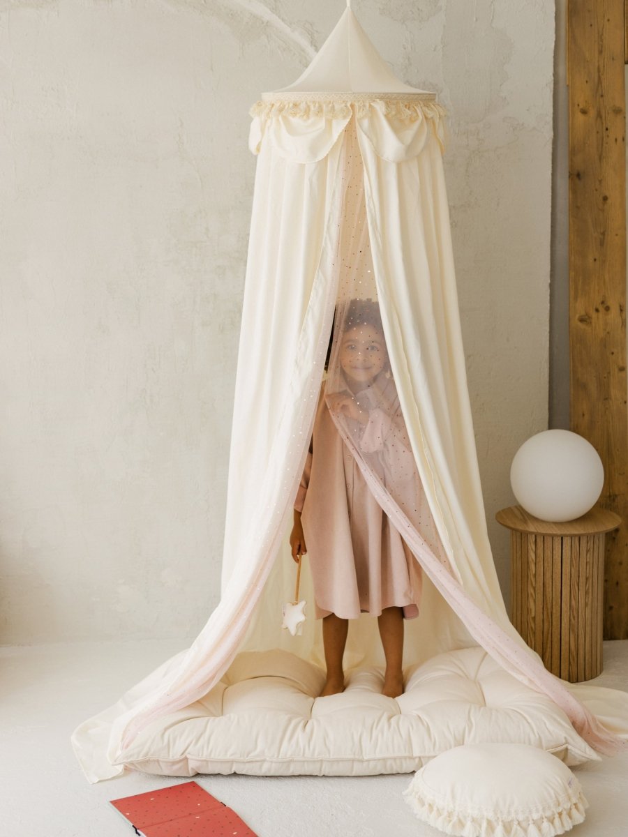 MINICAMP Kids Bed Canopy with Tulle & Tassels in Cream – Teepees for children, available at Learning Bugs UK