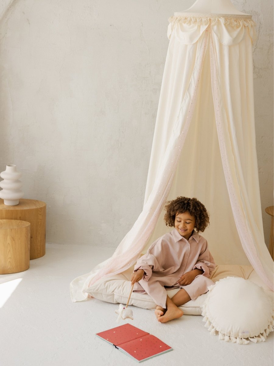 MINICAMP Kids Bed Canopy with Tulle & Tassels in Cream – Teepees for children, available at Learning Bugs UK
