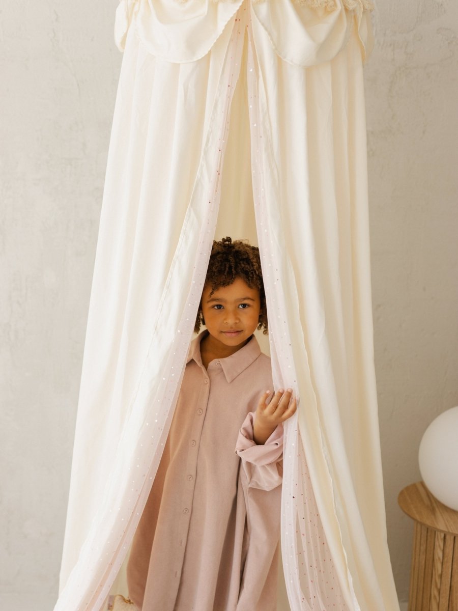 MINICAMP Kids Bed Canopy with Tulle & Tassels in Cream – Teepees for children, available at Learning Bugs UK