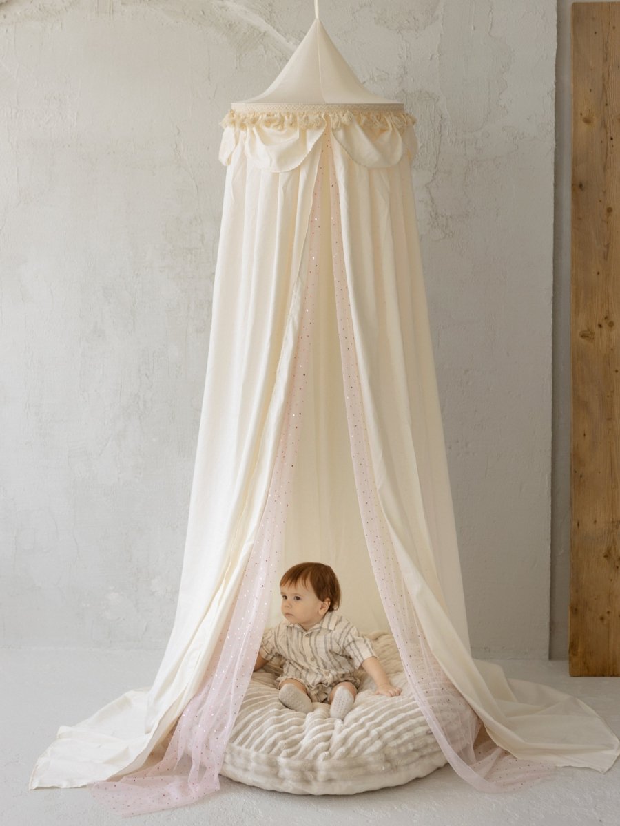 MINICAMP Kids Bed Canopy with Tulle & Tassels in Cream – Teepees for children, available at Learning Bugs UK