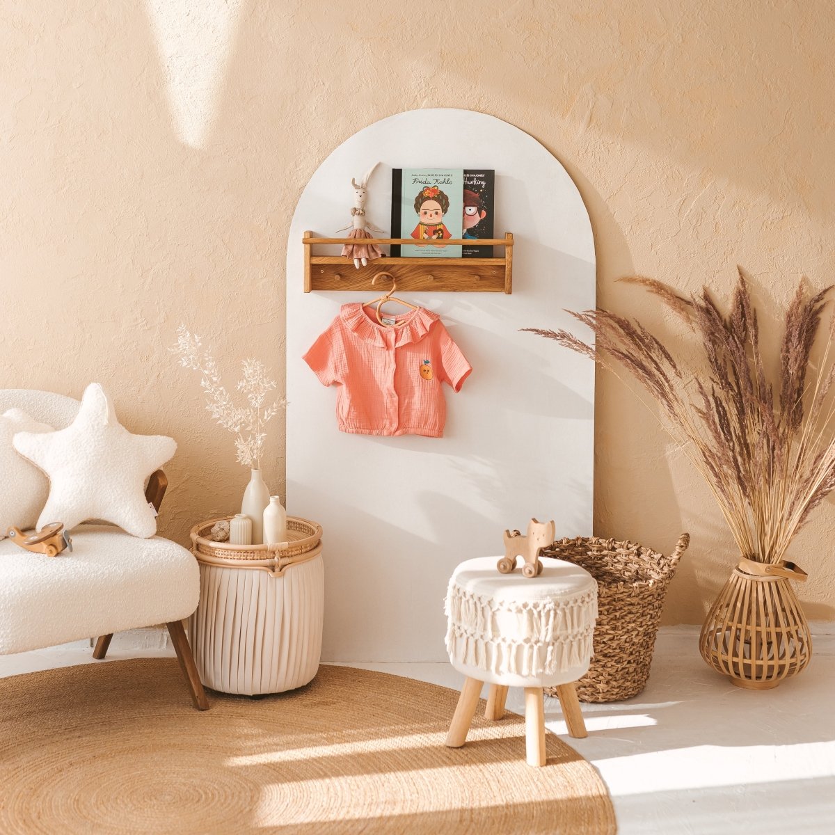 MINICAMP Floating Kids Bookshelf with Coat Hooks Made of Solid Oak – Peg Shelves for children, available at Learning Bugs UK