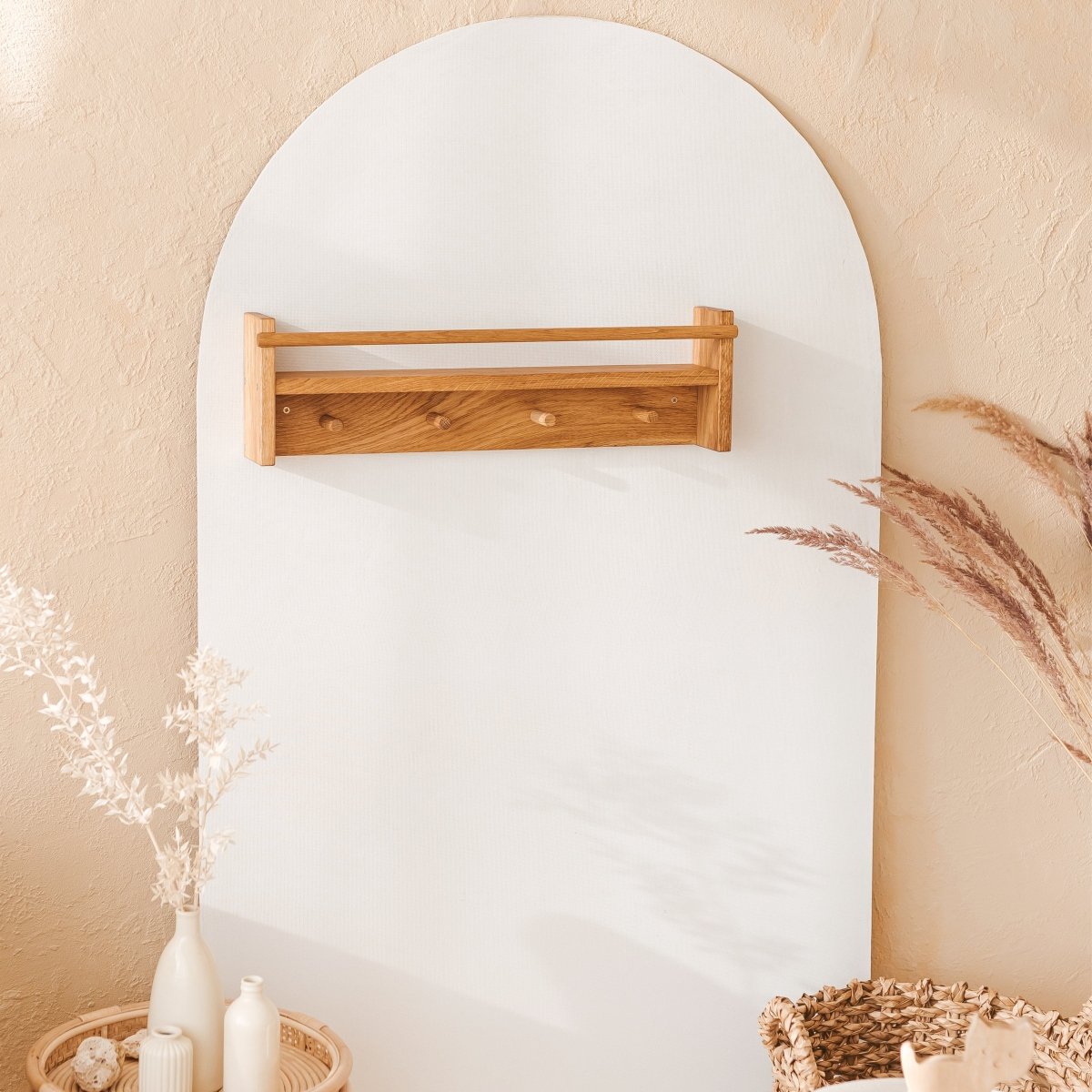MINICAMP Floating Kids Bookshelf with Coat Hooks Made of Solid Oak – Peg Shelves for children, available at Learning Bugs UK