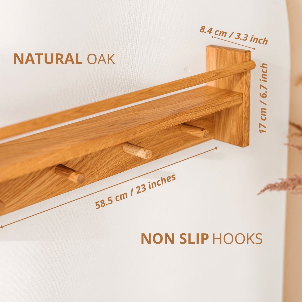 MINICAMP Floating Kids Bookshelf with Coat Hooks Made of Solid Oak – Peg Shelves for children, available at Learning Bugs UK