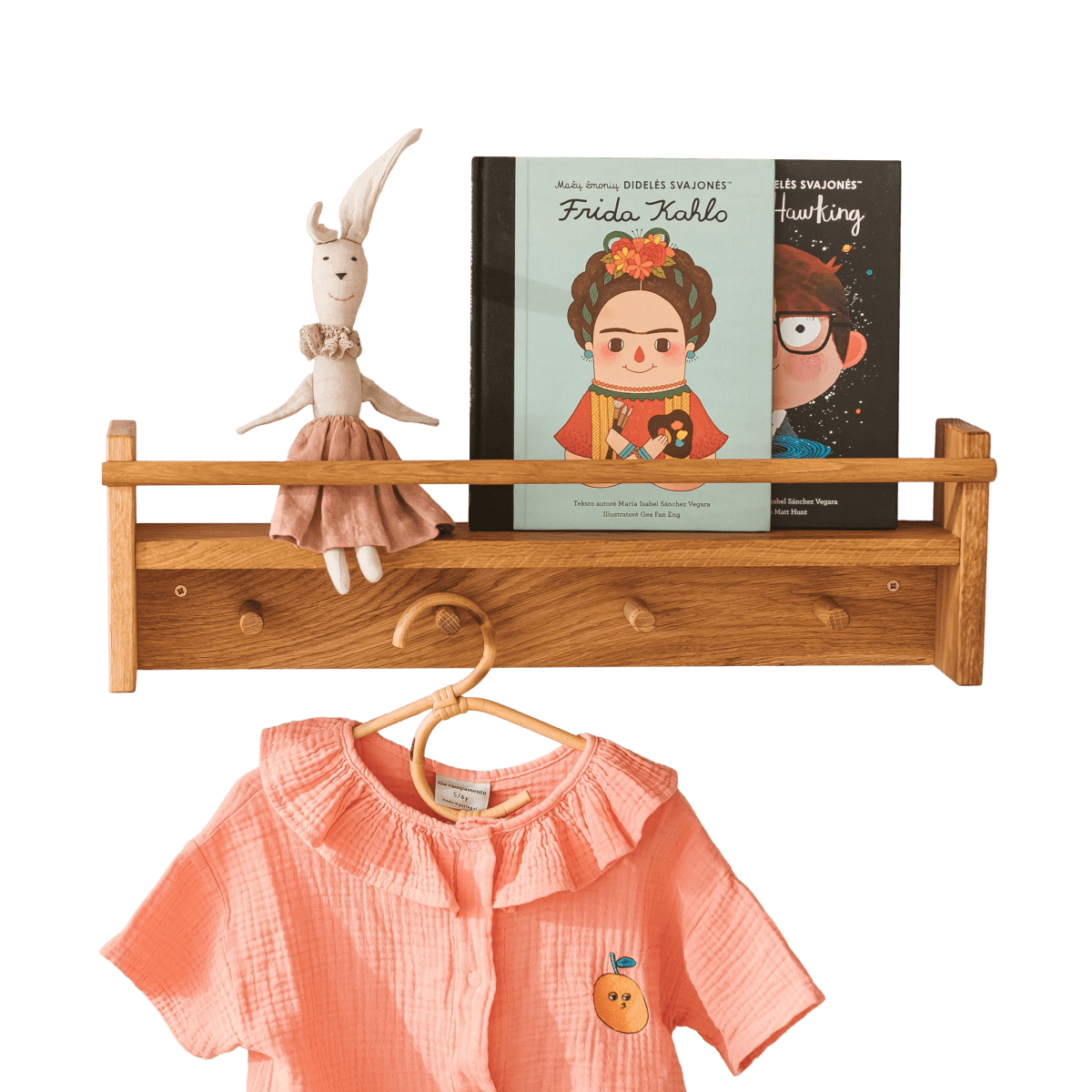 MINICAMP Floating Kids Bookshelf with Coat Hooks Made of Solid Oak – Peg Shelves for children, available at Learning Bugs UK