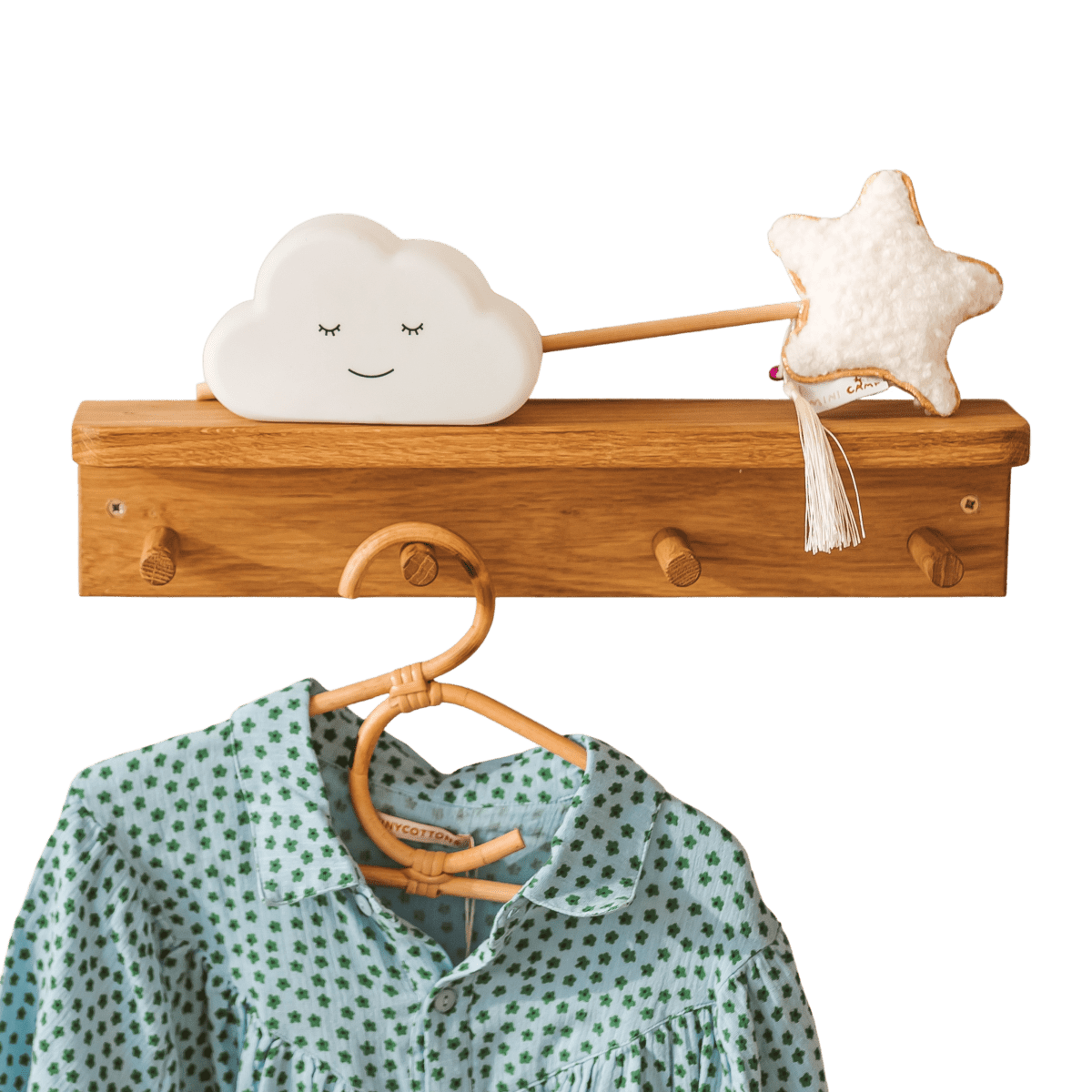 MINICAMP Floating Kids Bookshelf with Coat Hooks Made of Solid Oak – Peg Shelves for children, available at Learning Bugs UK