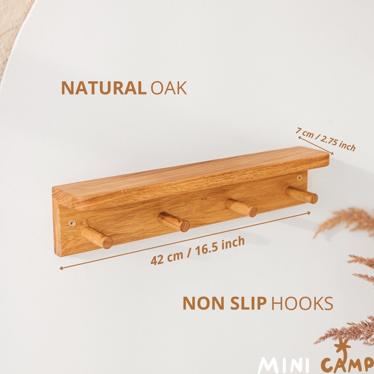 MINICAMP Floating Kids Bookshelf with Coat Hooks Made of Solid Oak – Peg Shelves for children, available at Learning Bugs UK