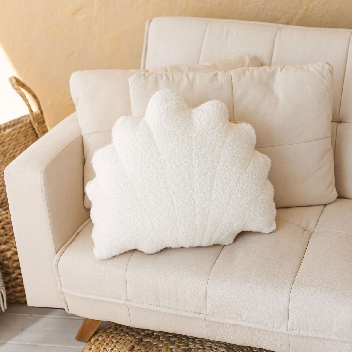 MINICAMP Ecru Boucle Seashell Cushion with Chic Golden Trim – Decorative Pillows for children, available at Learning Bugs UK