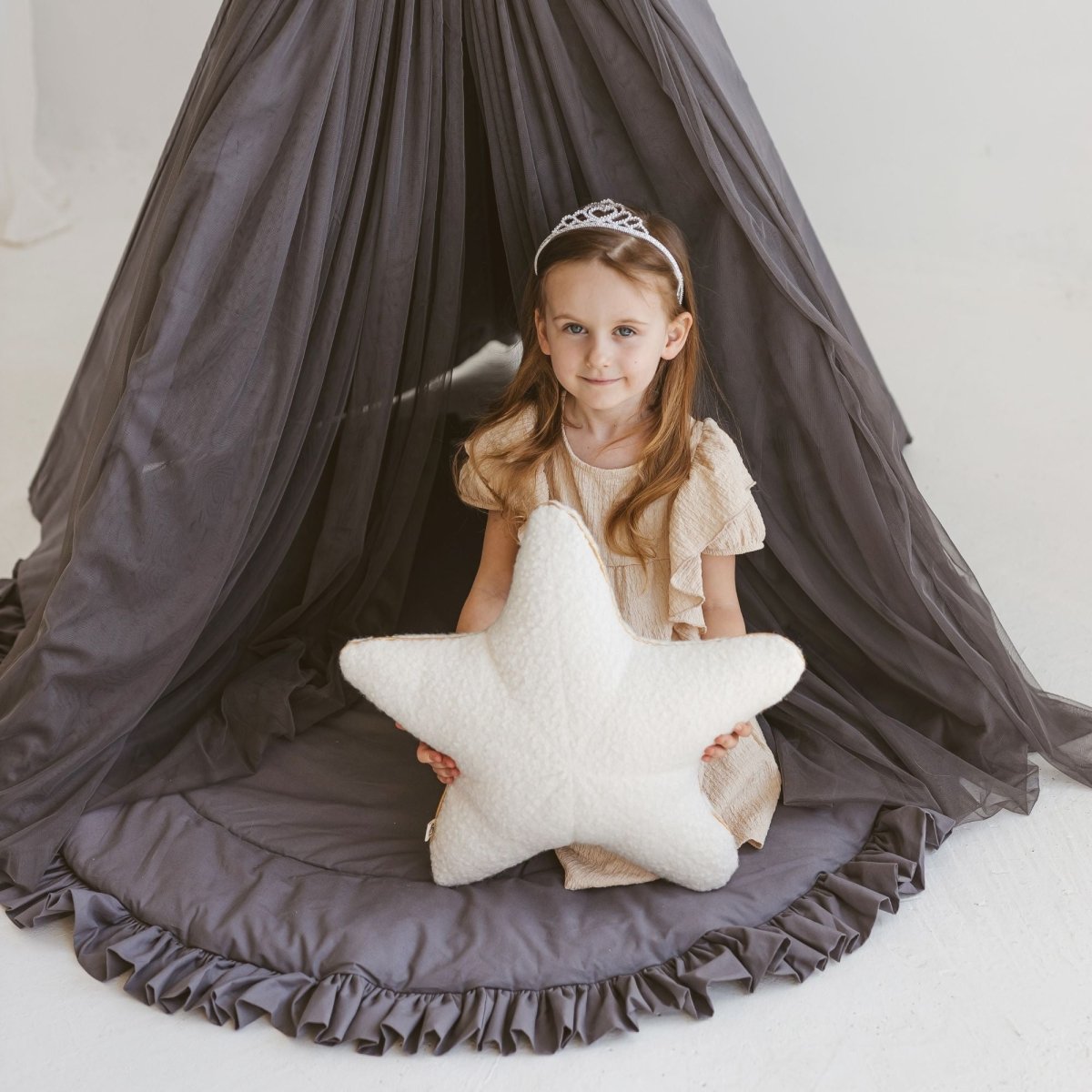 MINICAMP Ecru Boucle Starfish Cushion with Chic Golden Trim – Decorative Pillows for children, available at Learning Bugs UK