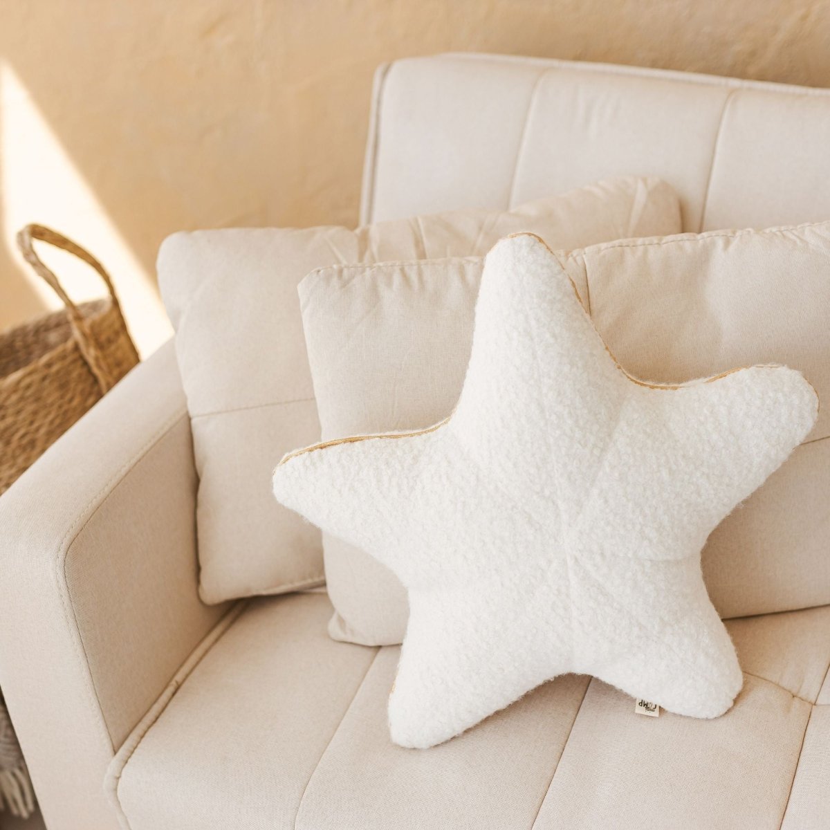 MINICAMP Ecru Boucle Starfish Cushion with Chic Golden Trim – Decorative Pillows for children, available at Learning Bugs UK