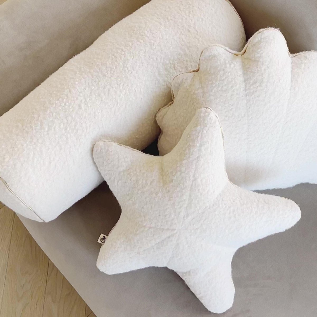 MINICAMP Ecru Boucle Starfish Cushion with Chic Golden Trim – Decorative Pillows for children, available at Learning Bugs UK
